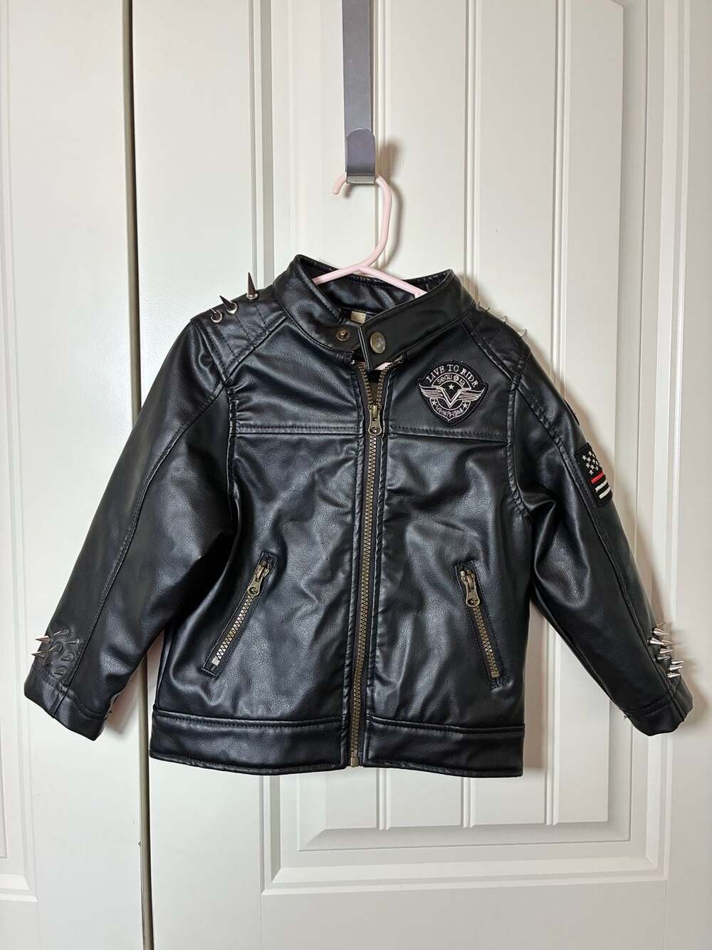 Sequoia Boys Black Faux Leather Moto Jacket with Spikes and Patches Size 4T
